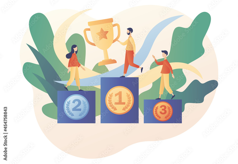 Tiny people sportmen winners stand on athletic podium or pedestal. Sport games and competition. Gold silver and bronze medals. Modern flat cartoon style. Vector illustration on white background Tiny people sportmen winners stand on athletic podium or pedestal. Sport games and competition. Gold silver and bronze medals. Modern flat cartoon style. Vector illustration on white background