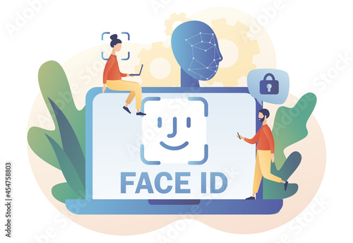 Face ID concept. Biometric identification system. Tiny people scans and recognition faceusing laser in laptop. Data security. Modern flat cartoon style. Vector illustration on white background