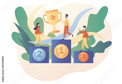 Tiny people sportmen winners stand on athletic podium or pedestal. Sport games and competition. Gold silver and bronze medals. Modern flat cartoon style. Vector illustration on white background
