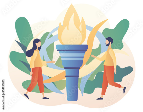 Tiny people sportsmen winners. Sport games. Big Flame as metaphore athletic competition. Modern flat cartoon style. Vector illustration on white background