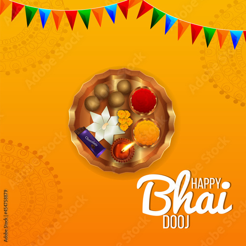 Indian festival happy bhai dooj celebration greeting card with creative pooja thali and kalash