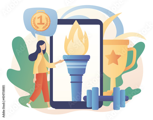 Big Flame as metaphore athletic competition on smartphone screen. Sport games. Tiny girl sportswoman winner. Modern flat cartoon style. Vector illustration on white background