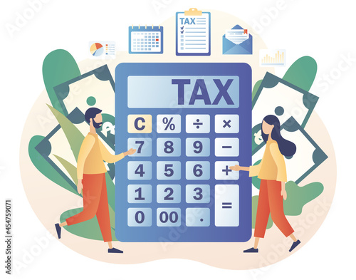Calculator with Tax payment. Tiny people filling tax form and pay bills. Business concept. Financial charge, obligatory payment calculating. Modern flat cartoon style. Vector illustration 