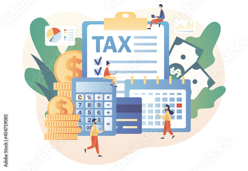 Tax payment. Tiny people filling tax form and pay bills online. Business concept. Financial charge, obligatory payment calculating. Modern flat cartoon style. Vector illustration on white background