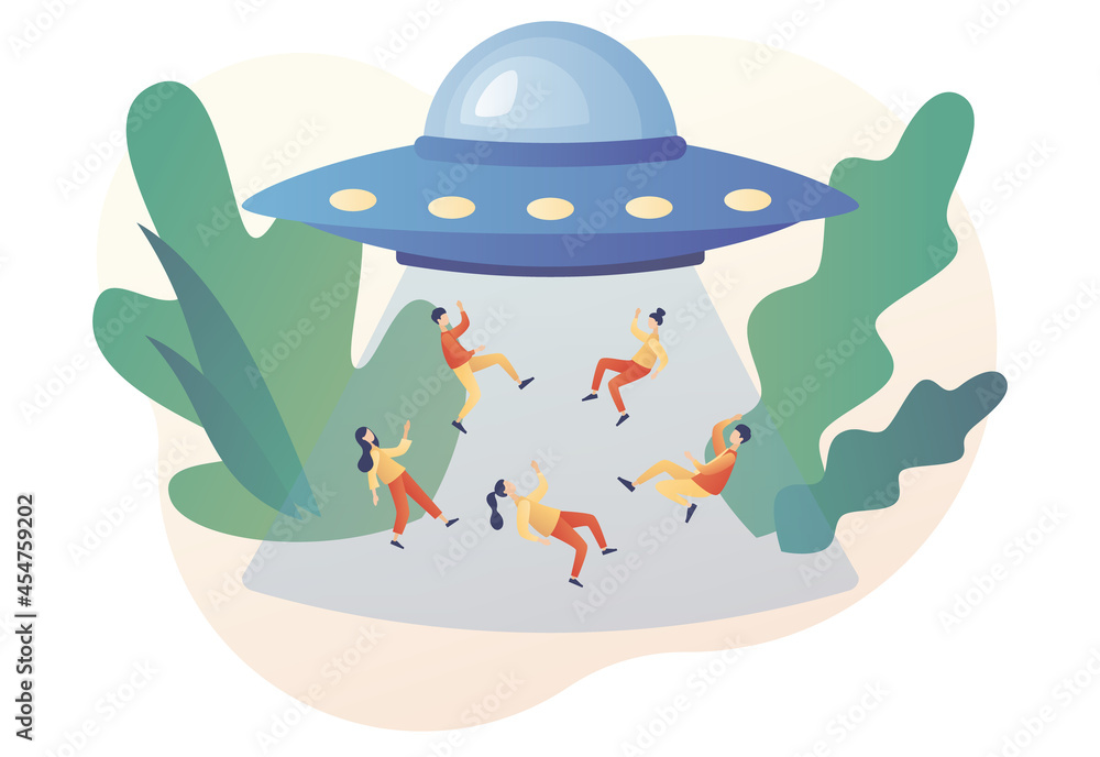 Fototapeta premium UFO spaceship with ray of light abducts humans. World Contact day. Space concept. Alien. Futuristic unknown flying object. Modern flat cartoon style. Vector illustration on white background