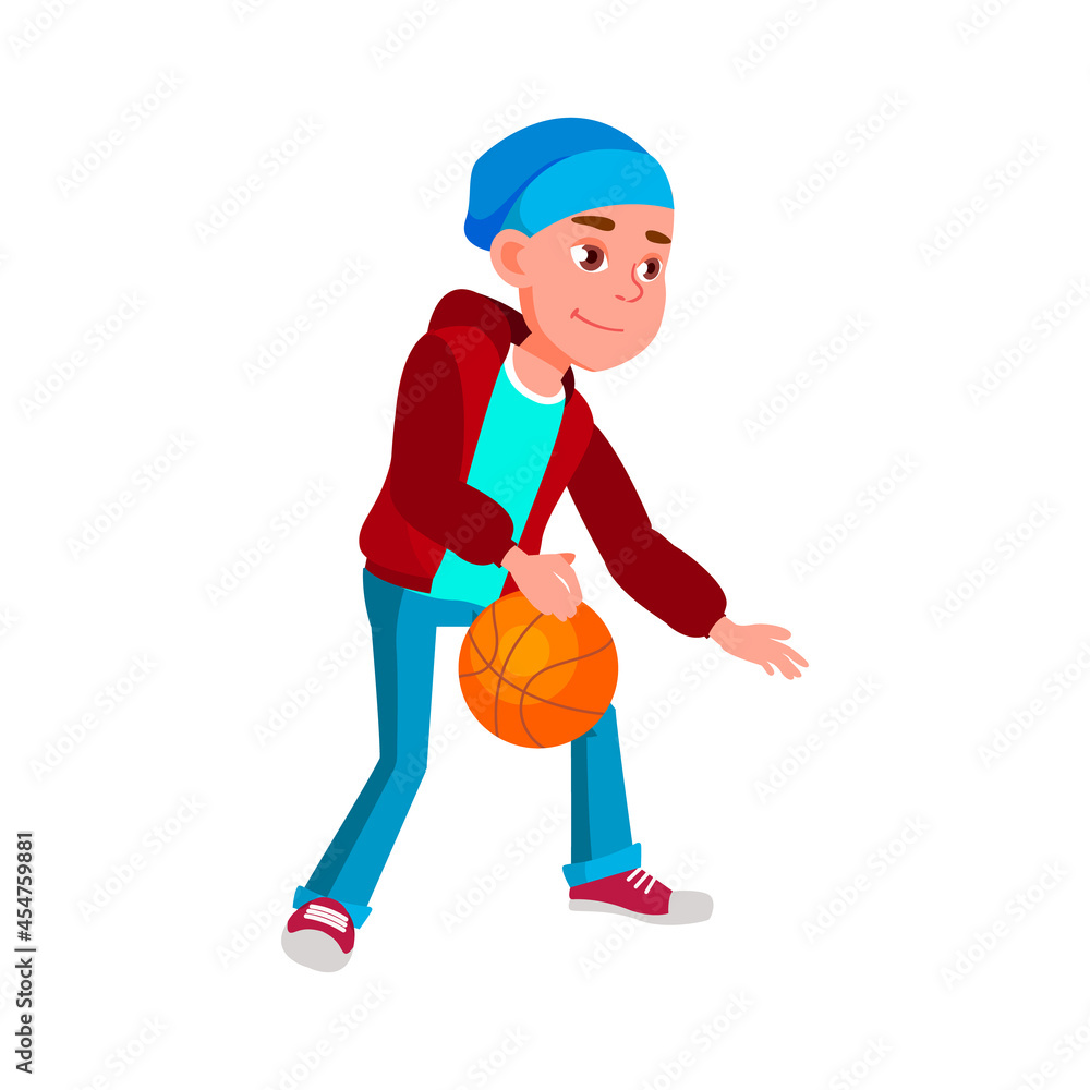 School Boy Playing Basketball Sport Game Vector. Caucasian Schoolboy Play And Training Basketball With Ball Sportive Equipment. Character Teen Playful Activity Flat Cartoon Illustration