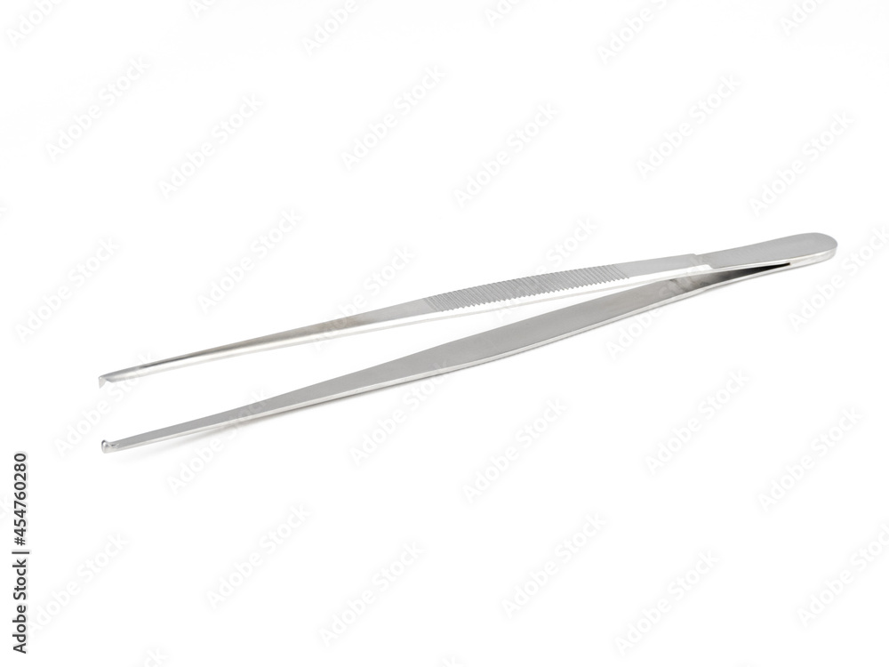 straight steel surgical tweezers with fang on a white background straight steel surgical tweezers with fang on a white background