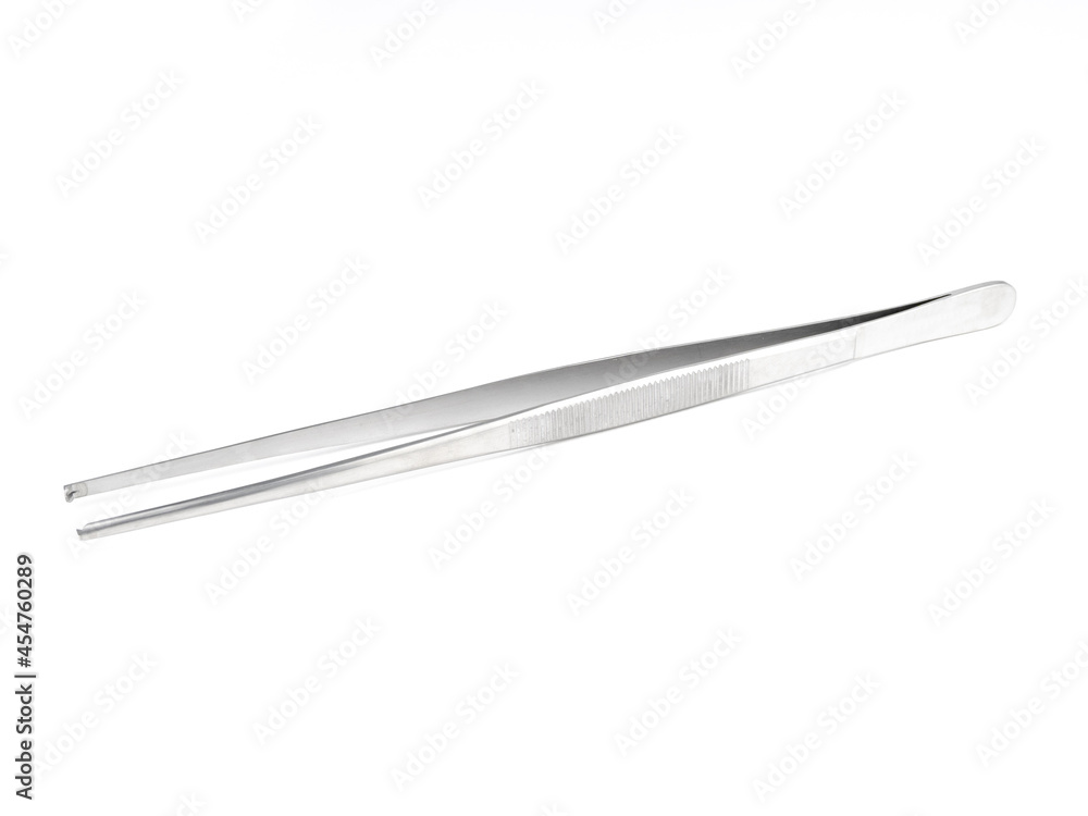 straight steel surgical tweezers with fang on a white background straight steel surgical tweezers with fang on a white background