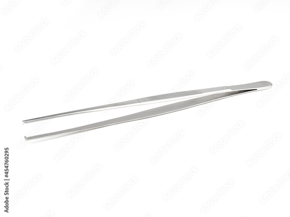 straight steel surgical tweezers with fang on a white background straight steel surgical tweezers with fang on a white background