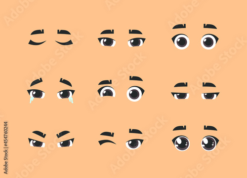 Emotional asian women eyes. Cartoon style illustration female looks. Isolated Hand drawn vector facial expression. Gestures Collection Expressing Different Emotions