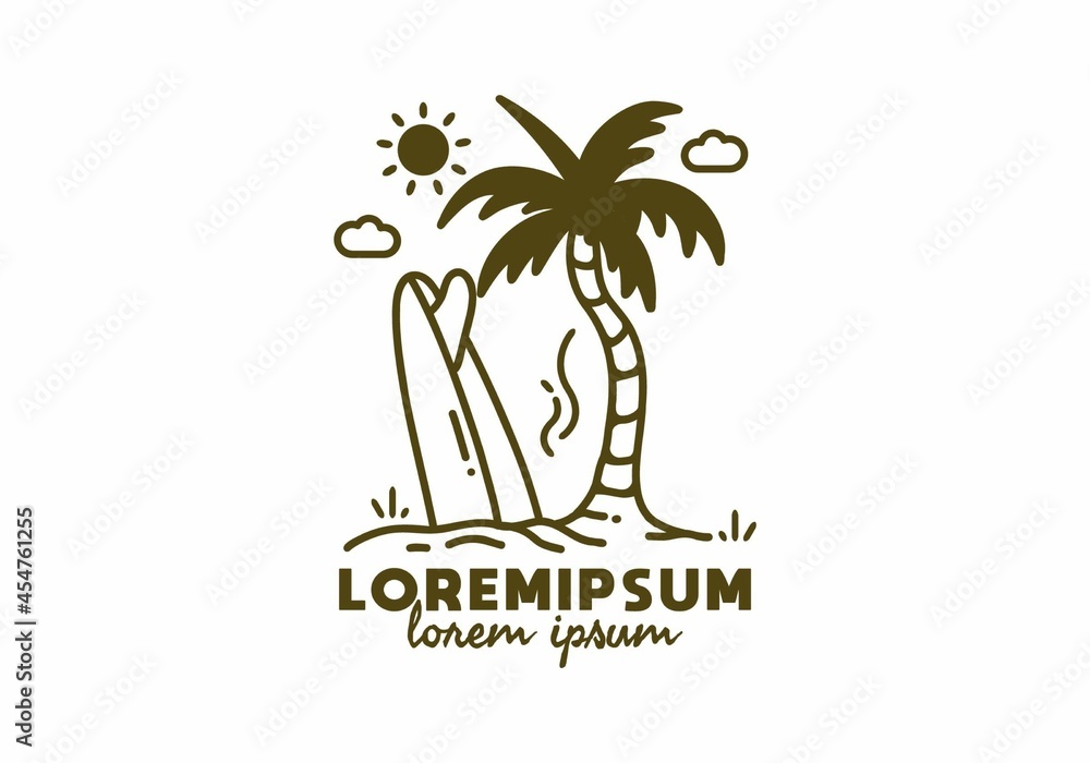 Coconut tree and surfing board line art with lorem ipsum text