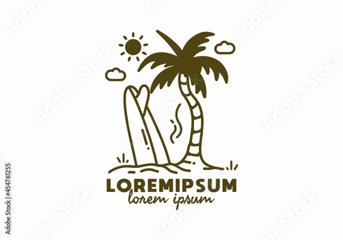 Coconut tree and surfing board line art with lorem ipsum text