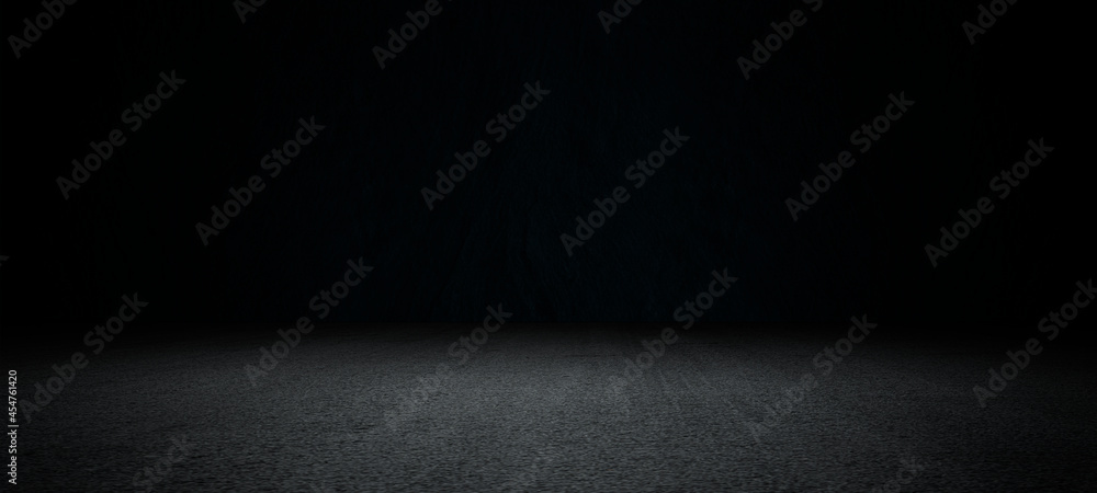 Black asphalt road and empty dark street scene background with studio room interior texture for display products wall background.. - obrazy, fototapety, plakaty 