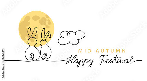 Chinese Mid Autumn Festival vector background, banner, poster with two rabbits looking at the moon. One line drawing art illustration with lettering happy festival