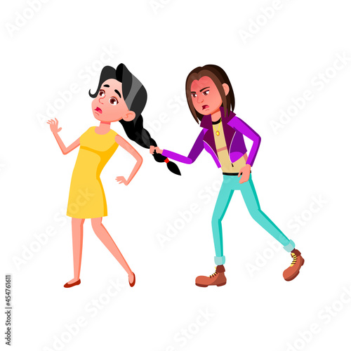 Girl Pulling Teen Pigtail With Aggression Vector. Angry Negative Teenager Lady Aggressive Pull Friend Pigtail, Harassment Problem. Characters Relationship And Quarrelling Flat Cartoon Illustration