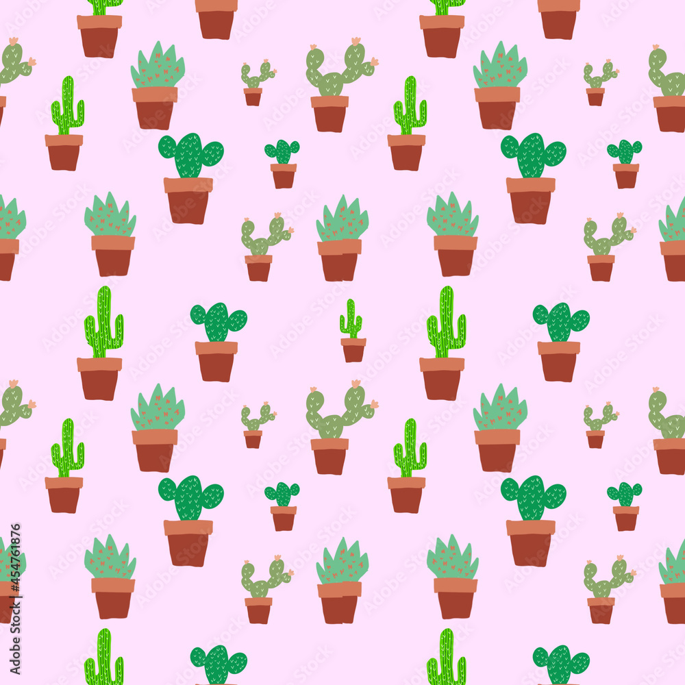 Seamless cactus trees in plat pot brown color pattern background, Illustration drawing graphic tree cactus on pink background. Seamless background concept Seamless cactus trees in plat pot brown color pattern background, Illustration drawing graphic tree cactus on pink background. Seamless background concept