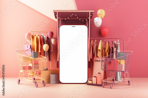 the concept of online women shopping clothes on social media app. 3d Smartphone screen with shopping bag, chat message, shopping cart on pink pastel color 3d rendering photo