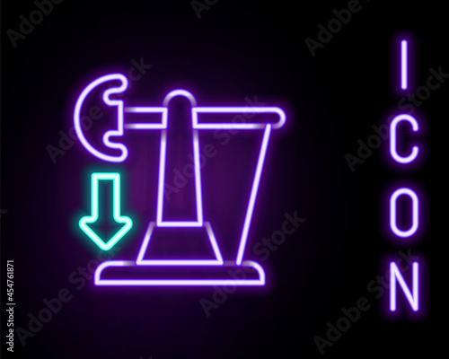 Glowing neon line Drop in crude oil price icon isolated on black background. Oil industry crisis concept. Colorful outline concept. Vector