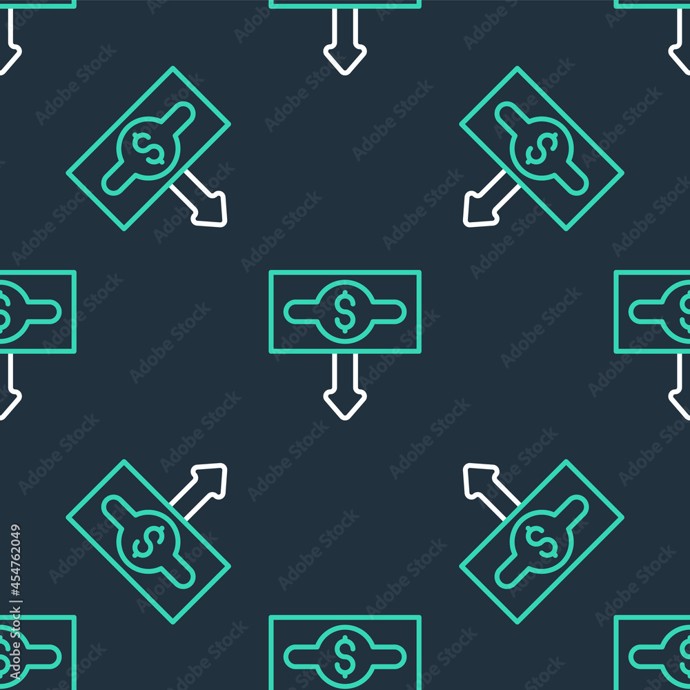Line Dollar rate decrease icon isolated seamless pattern on black background. Cost reduction. Money symbol with down arrow. Business lost crisis decrease. Vector Line Dollar rate decrease icon isolated seamless pattern on black background. Cost reduction. Money symbol with down arrow. Business lost crisis decrease. Vector