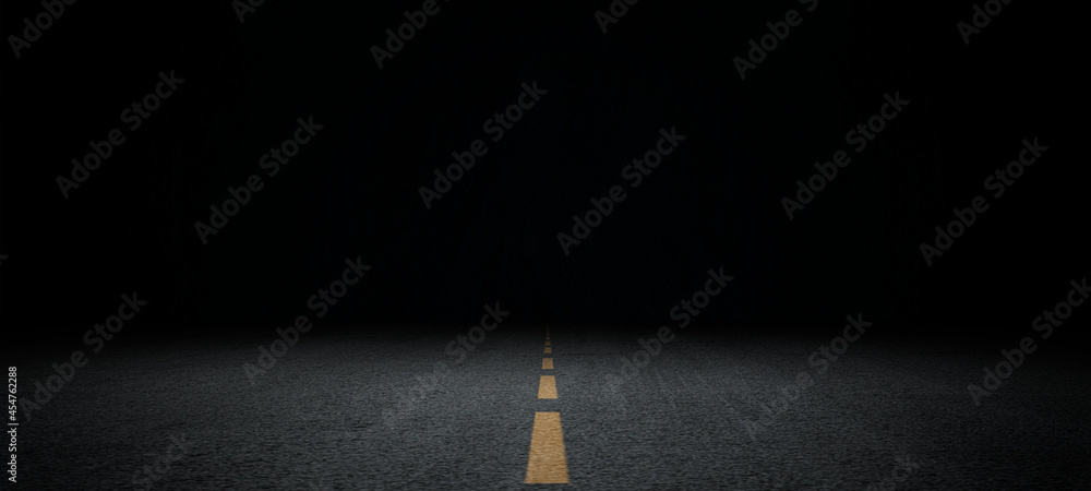 Obraz premium Black asphalt road and empty dark street scene background with studio room interior texture for display products wall background..
