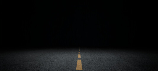 Black asphalt road and empty dark street scene background with studio room interior texture for display products wall background..