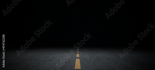 Fotografia, Obraz Black asphalt road and empty dark street scene background with studio room interior texture for display products wall background
