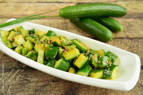 Spicy cucumber salad with soy sauce sesame oil dressing