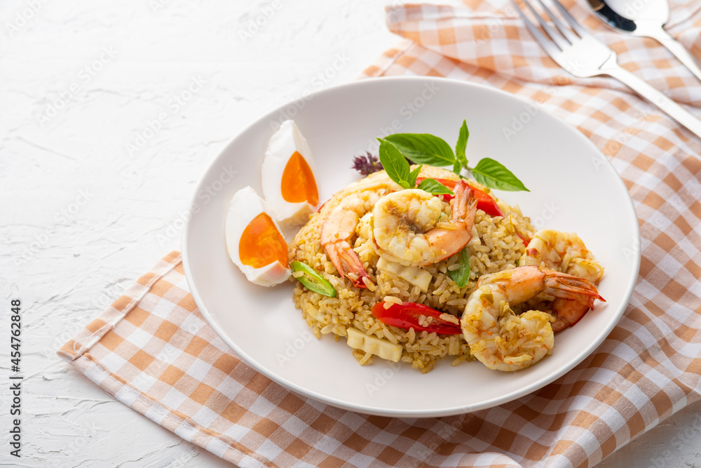Green Curry Fried Rice with Shrimp young coconut shoot and Salted Egg Green Curry Fried Rice with Shrimp young coconut shoot and Salted Egg