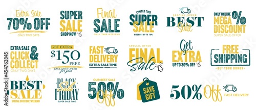 Sale and mega discount sticker, fast delivery label set. Best marketing offer with final extra sale and half price tag. Fast delivery and black friday clearance stamp isolated vector illustration