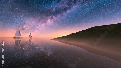 3D Rendering Milkyway at the ocean with hills backgground