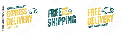 Express delivery and free shipping grunge sticker set. Money back guarantee and risk free special offer. Safe and secure shopping with fast order transportation service isolated vector illustration
