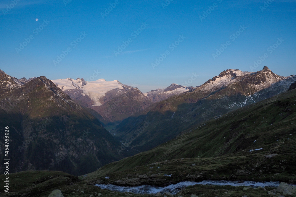 view towards Grossvenediger and Schlatenkees glacier at sunrise