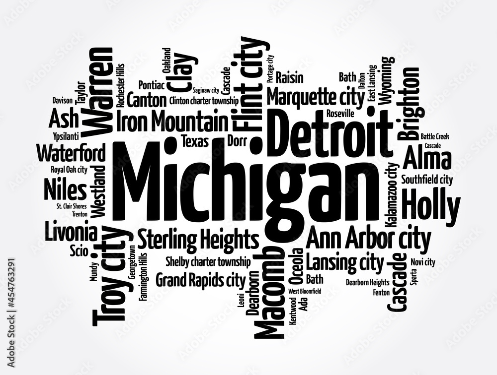 Fototapeta premium List of cities in Michigan USA state, word cloud concept background