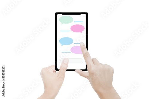 メッセージアプリ、SNSのトーク画面/スマホを操作する手/タッチ操作/白背景切り抜き用素材