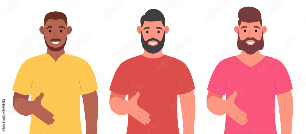 Three different bearded men giving hand shake pose and smiling with welcome gesture. Character set. Vector illustration. Three different bearded men giving hand shake pose and smiling with welcome gesture. Character set. Vector illustration.