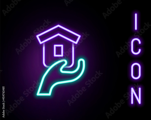 Glowing neon line Shelter for homeless icon isolated on black background. Emergency housing, temporary residence for people, bums and beggars without home. Colorful outline concept. Vector