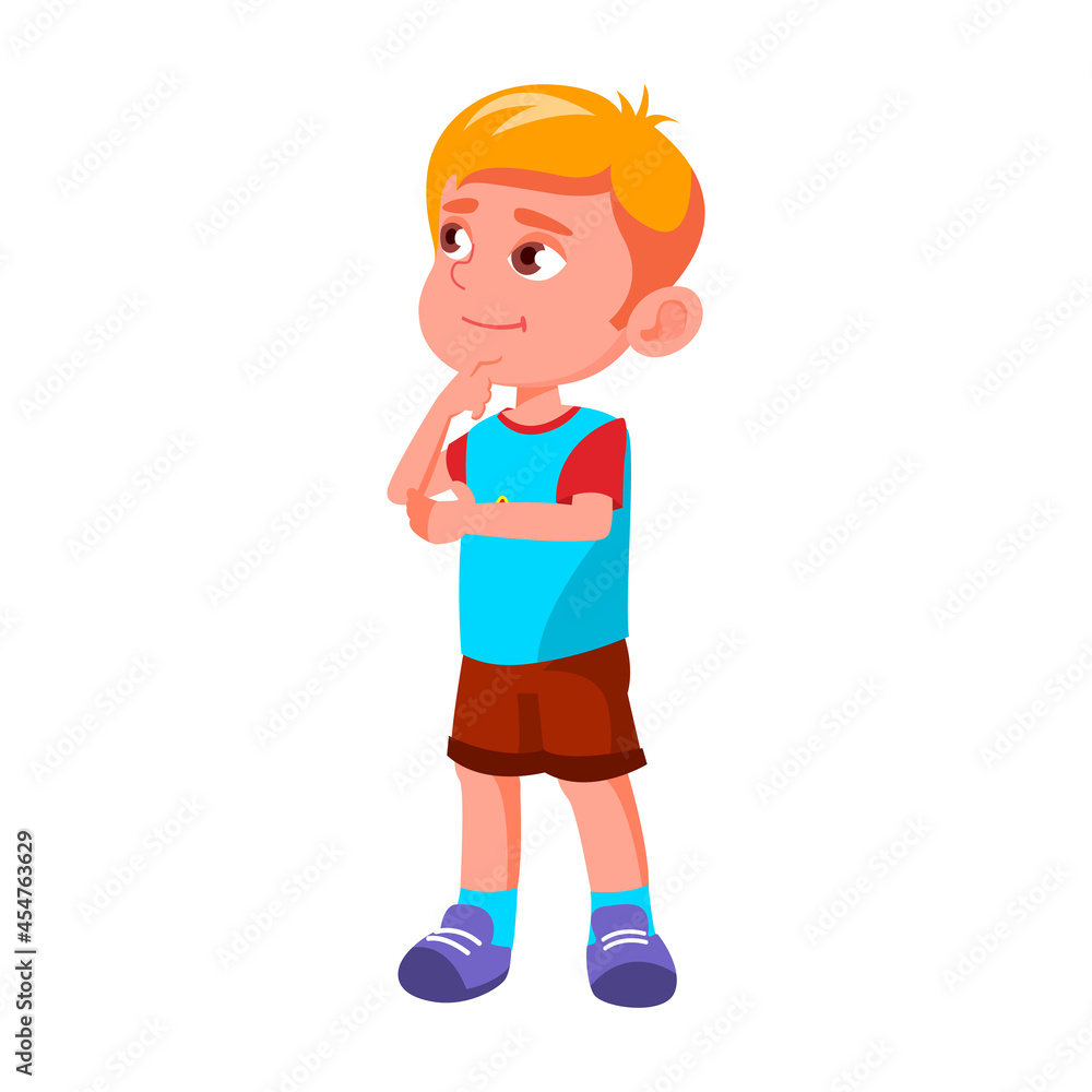School Boy Cute Child Thinking Something Vector. European Schoolboy Smiling And Thinking For Birthday Party Plan Or Choosing Toy In Shop. Pretty Character Kid Flat Cartoon Illustration