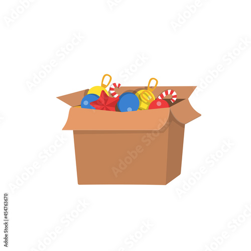 A box with Christmas toys for decoration the Christmas tree