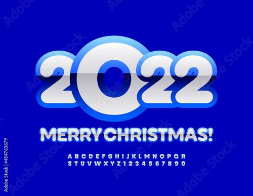 Vector Greeting Card Merry Christmas 2022! Blue and White glossy Font. Modern set of Alphabet Letters and Numbers