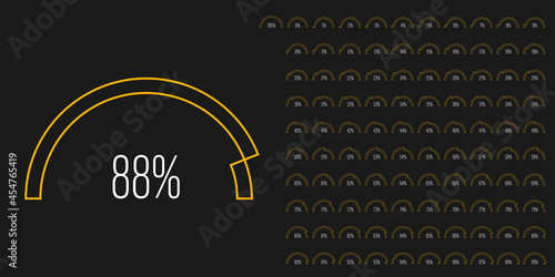 Set of circular sector arc percentage diagrams meters progress bar from 0 to 100 ready-to-use for web design, user interface UI or infographic - indicator with yellow