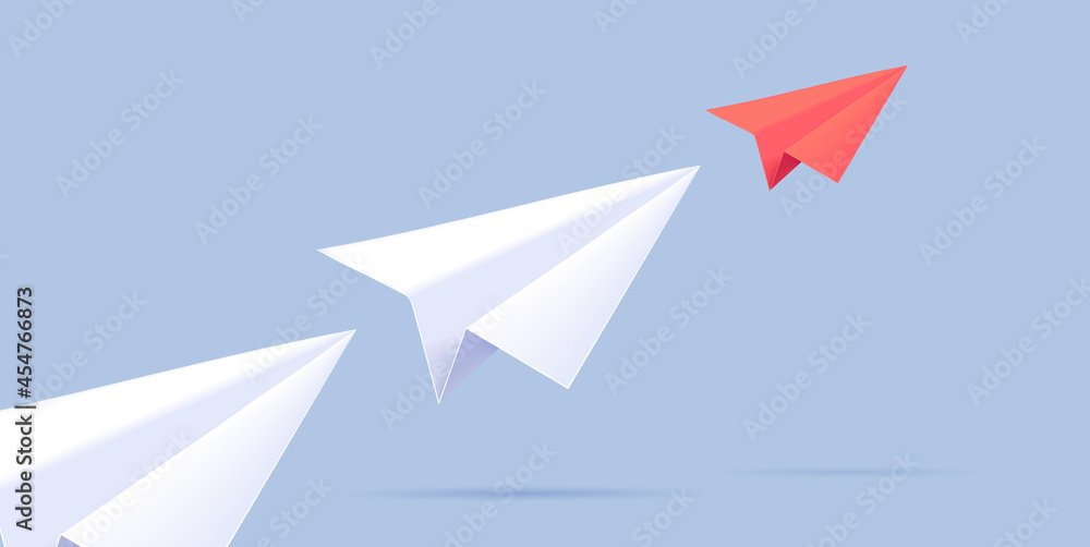 Paper plane illustration of three planes moving forward in one line creating direction, red plane in head Paper plane illustration of three planes moving forward in one line creating direction, red plane in head
