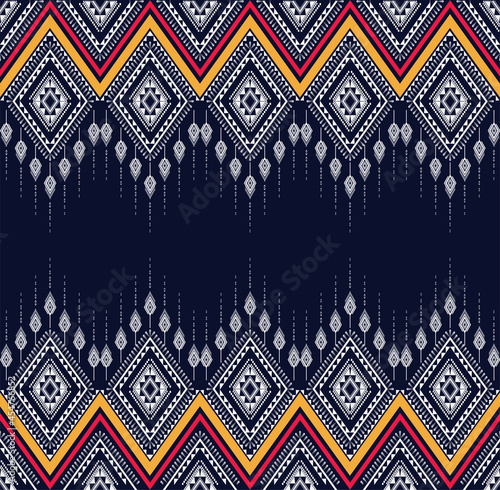 Geometric ethnic texture embroidery design with Dark Blue background design, skirt,carpet,wallpaper,clothing,wrapping,Batik,fabric,sheet white,yellow and pink triangle shapes Vector, illustration styl