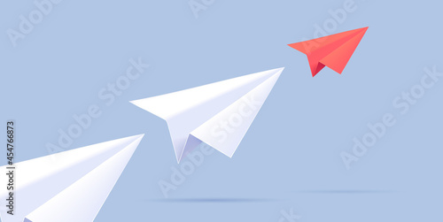 Paper plane illustration of three planes moving forward in one line creating direction, red plane in head