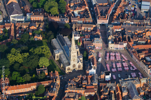 Aerial shot of the St Mary Magdalene Church in Newark-on-Trent, England