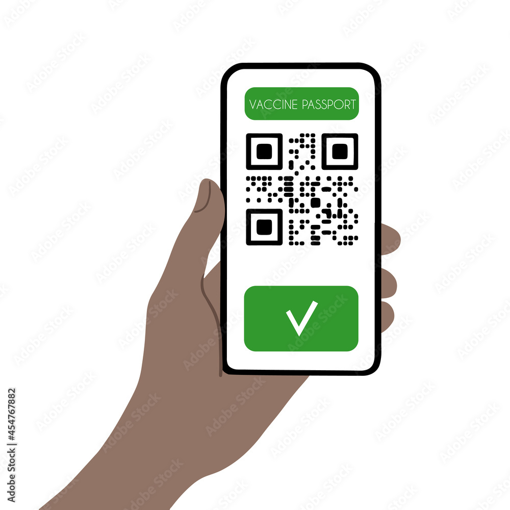 Hand holding smartphone with valid covid passport qr code isolated on white background vector illustration Hand holding smartphone with valid covid passport qr code isolated on white background vector illustration