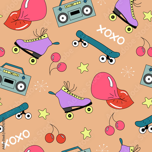 Vector seamless pattern with rolling skates, lips with bubblegum music and skate boards, 80-s and 90-s inspired, in flat outlined style