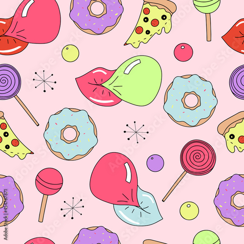 Vector seamless pattern with candy, sweets and food from the 80-s and 90-s in flat embroiled style