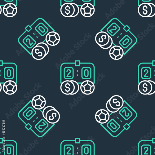 Line Soccer football betting money icon isolated seamless pattern on black background. Football bet bookmaker. Soccer betting online make money. Vector