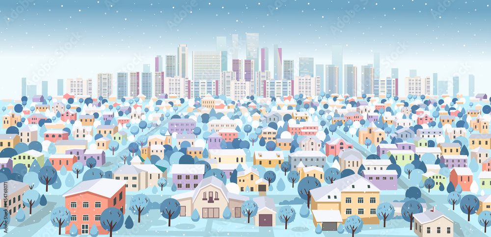 Suburban landscape with mountains in winter. Perspective view with roads and houses. Cartoon vector illustration
