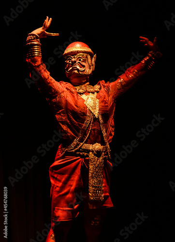 lakhon khol khmer masked dance performer in costume in cambodia photo